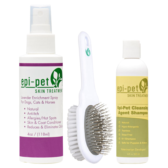 Epi-Pet Small Basic Skin & Coat Care Kit 4oz Coat Enrichment Spray(Lavender Scented), 8oz Shampoo(Lavender Scented)  & Pet Double Sided Application Brush for Dogs