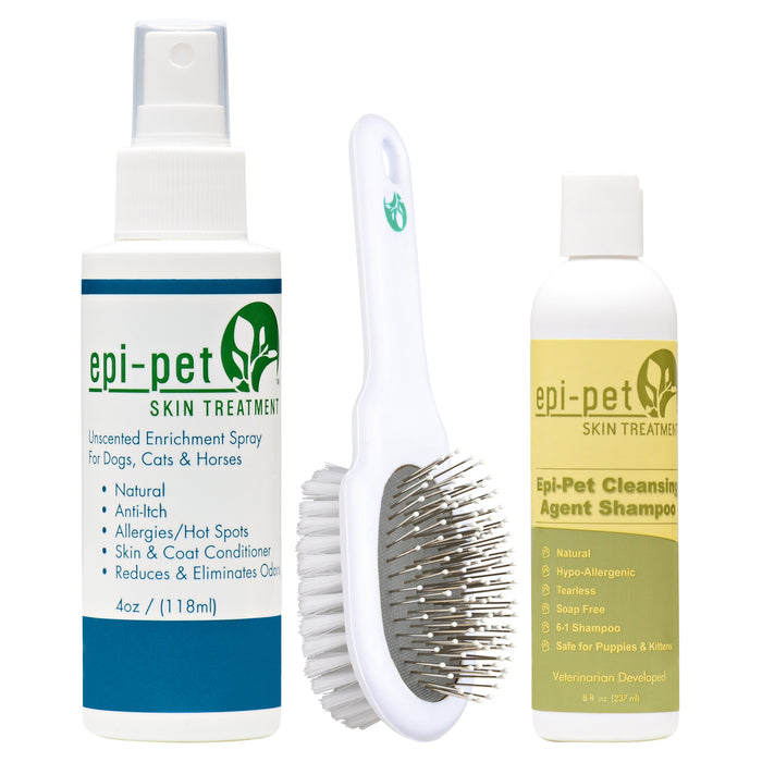 Epi-Pet Small Basic Skin & Coat Care Kit 4oz Coat Enrichment Spray(Unscented), 8oz Shampoo(Lavender Scented)  & Pet Double Sided Application Brush for Dogs & Cats