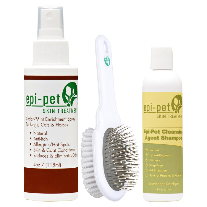 Epi-Pet Small Basic Skin & Coat Care Kit 4oz Coat Enrichment Spray (Cedar/Mint), 8oz Shampoo & Pet Double Sided Application Brush for Dogs